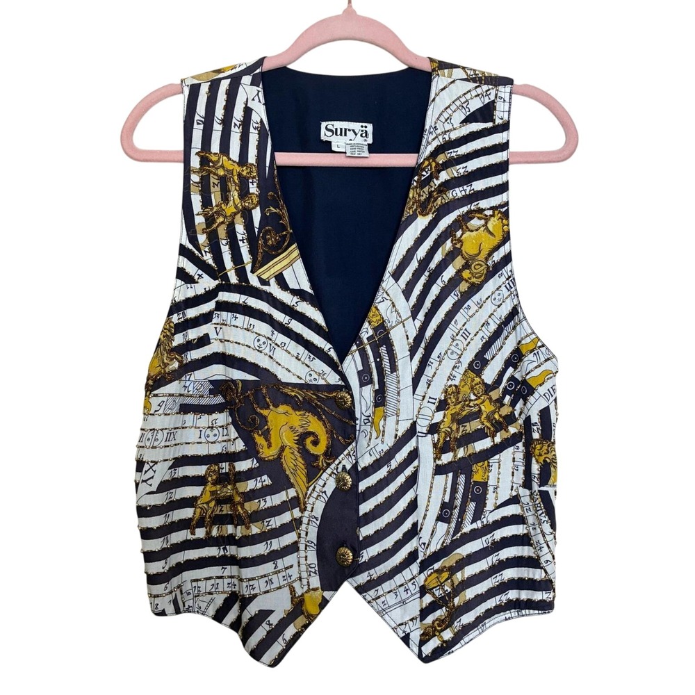 Surya Vintage Novelty Vest Celestial Astrology Print Striped Gold‎ Accents Large